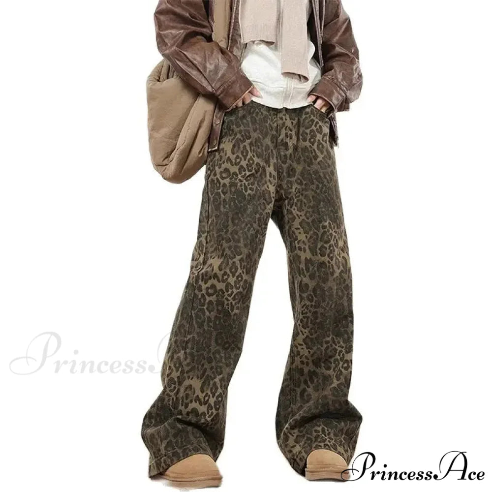 Wide Leg Leopard Print Women 2024 Y2K High Waisted Fashion Streetwear Retro Denim Baggy Casual Straight Jean Leopard / S