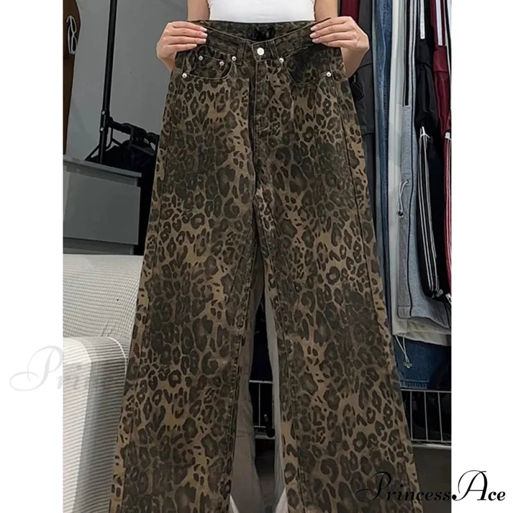 Wide Leg Leopard Print Women High Waisted 2024 Y2k Fashion Streetwear Retro Denim Baggy Casual Straight Jean Leopard / S