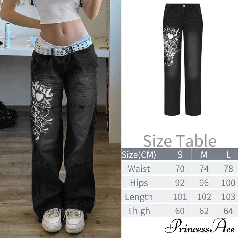Wide Leg Oversize Y2K Patterned Baggy Winter Cargo Casual Jeans Low Autumn Waist Women’s Trousers Black-02 / S