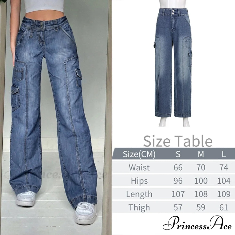 Wide Leg Oversize Y2K Patterned Baggy Winter Cargo Casual Jeans Low Autumn Waist Women’s Trousers Blue-02 / S