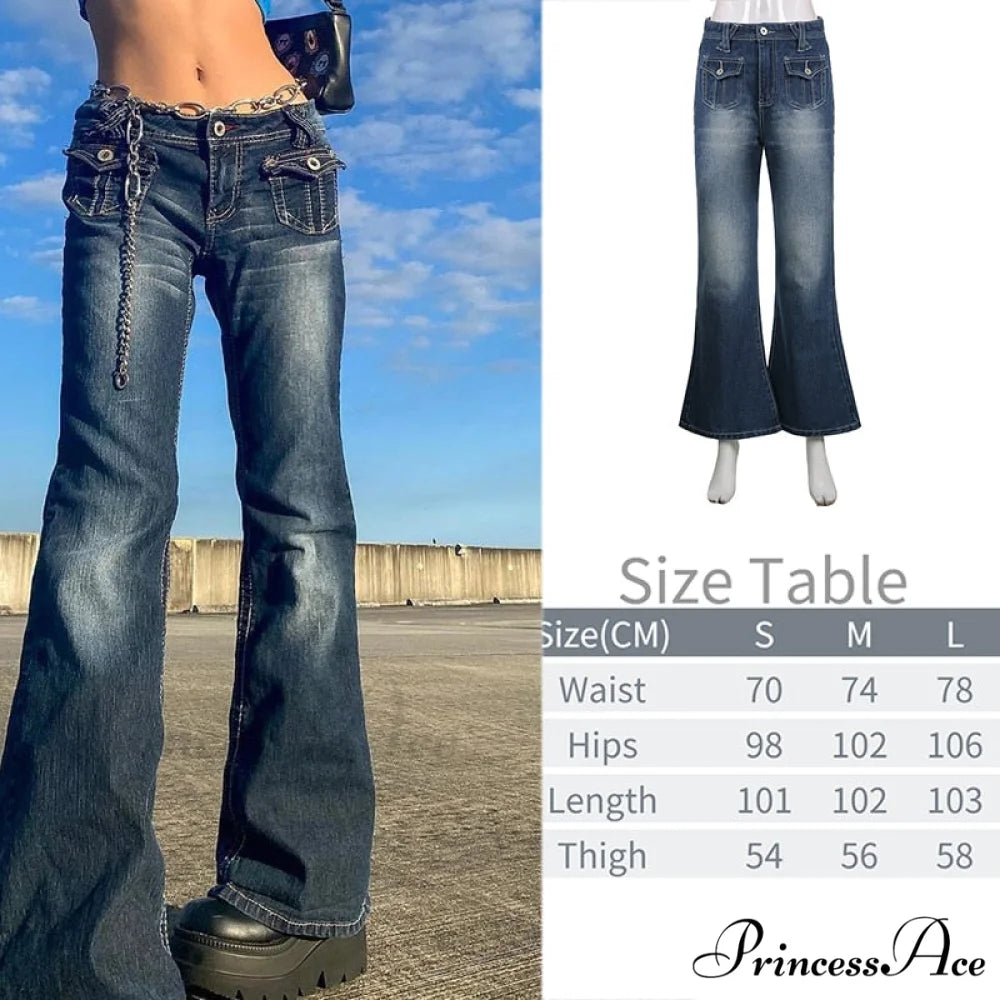 Wide Leg Oversize Y2K Patterned Baggy Winter Cargo Casual Jeans Low Autumn Waist Women’s Trousers Blue-04 / S