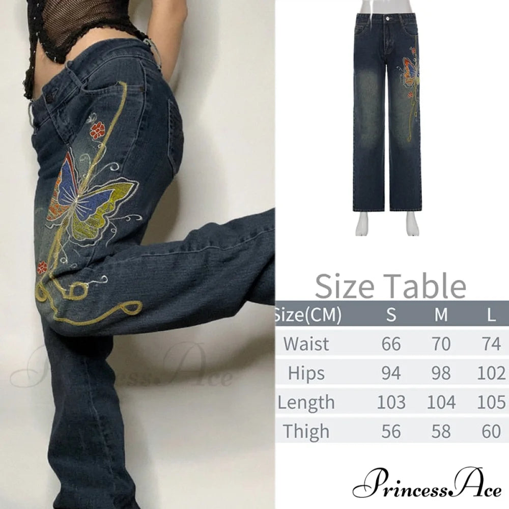 Wide Leg Oversize Y2K Patterned Baggy Winter Cargo Casual Jeans Low Autumn Waist Women’s Trousers Blue-05 / S