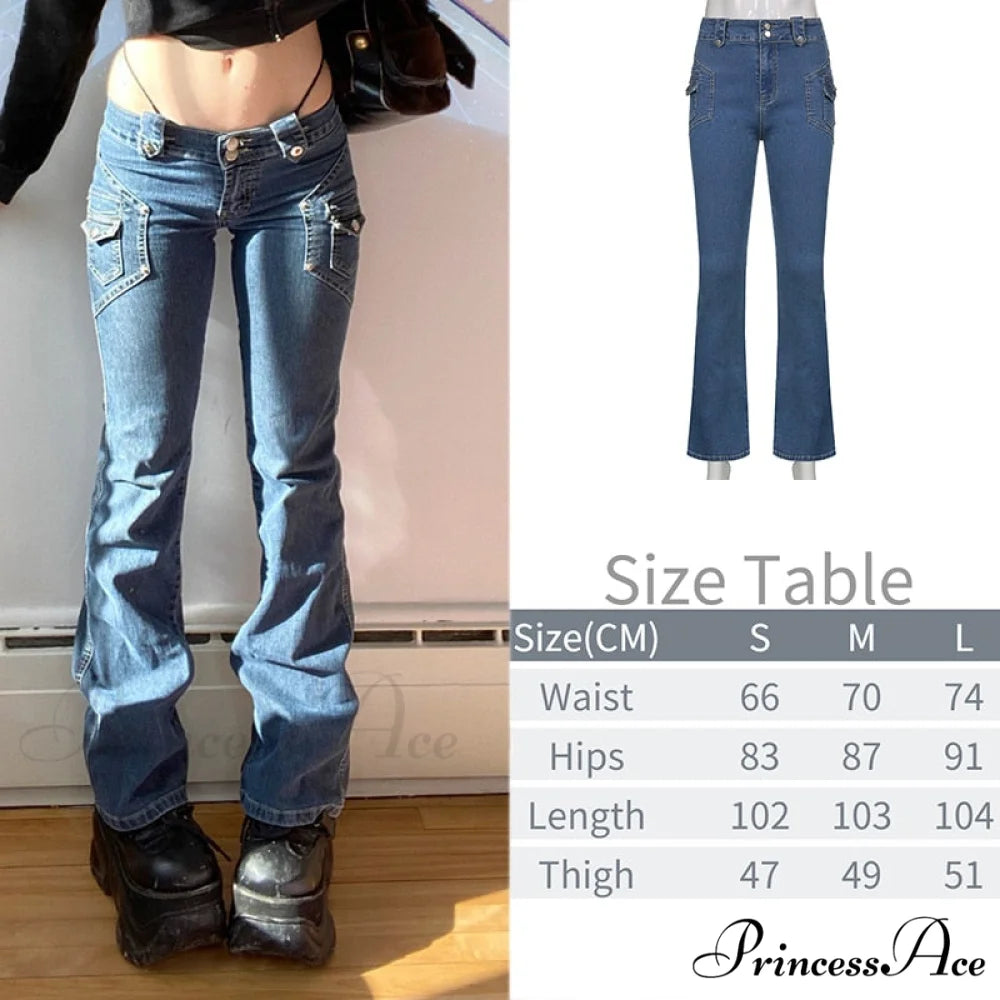 Wide Leg Oversize Y2K Patterned Baggy Winter Cargo Casual Jeans Low Autumn Waist Women’s Trousers Blue-06 / S
