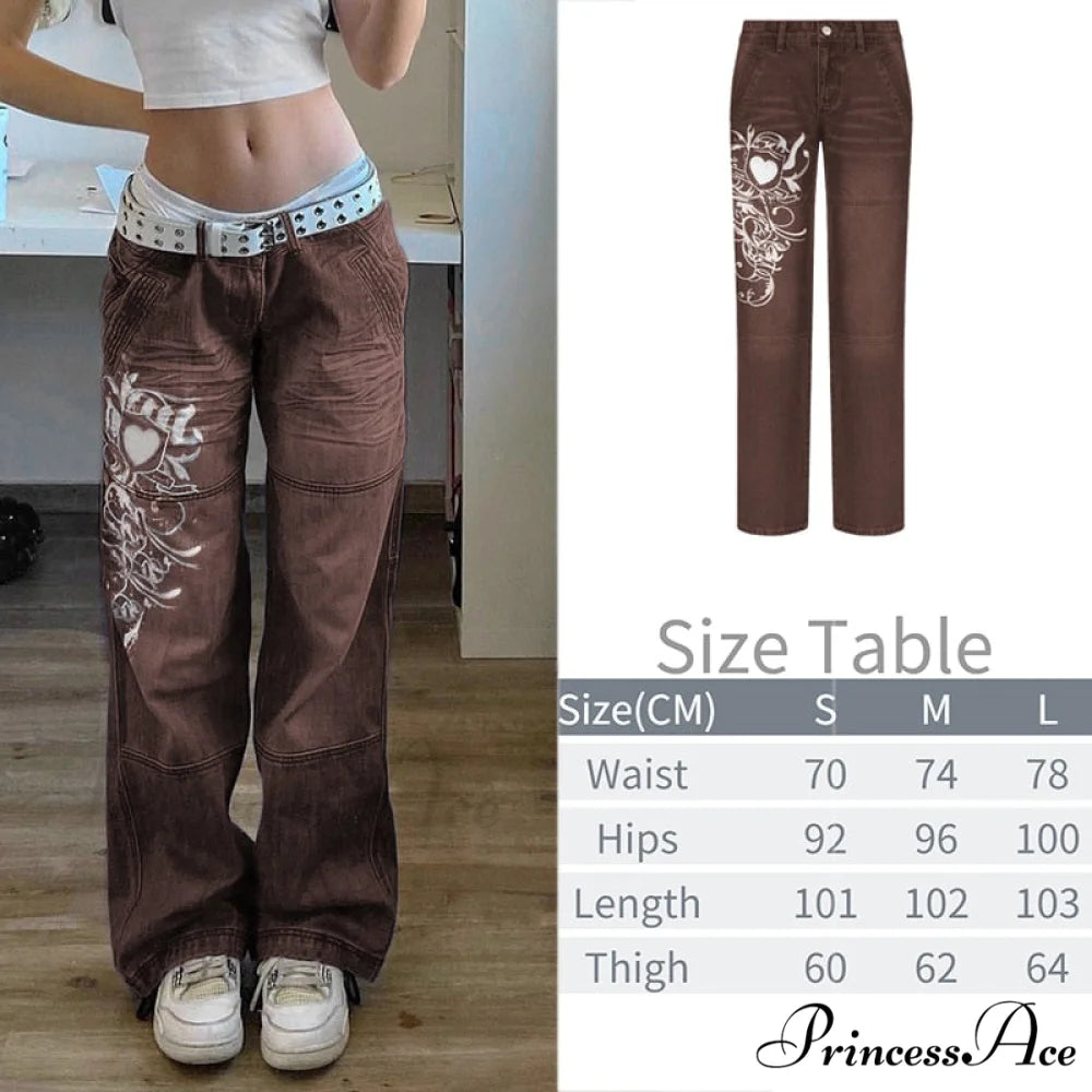 Wide Leg Oversize Y2K Patterned Baggy Winter Cargo Casual Jeans Low Autumn Waist Women’s Trousers Brown / S
