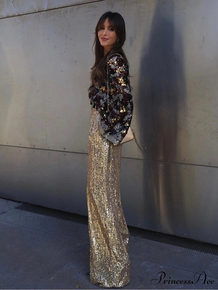 Wide Leg Pants High Waist Sequins Long Pants