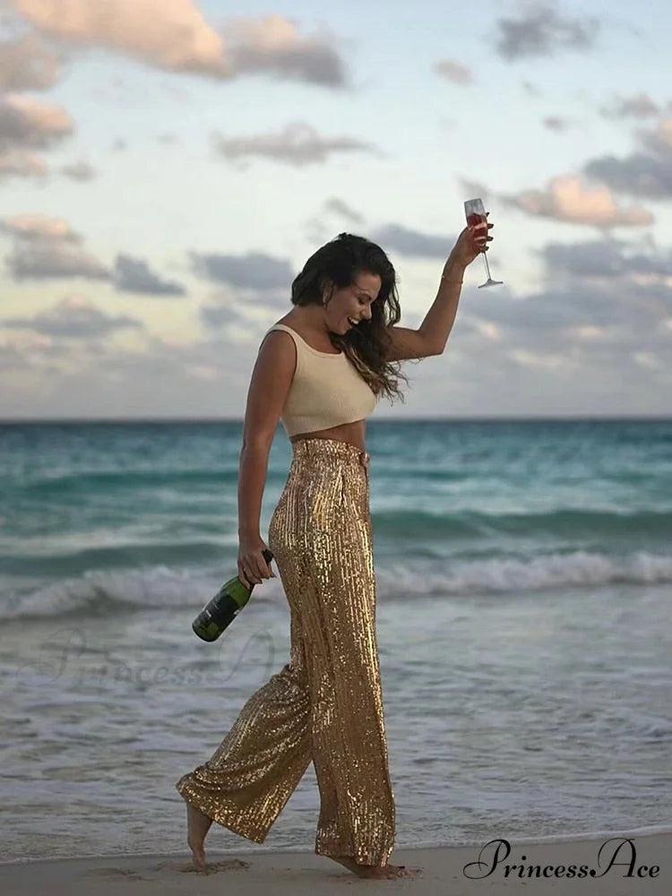 Wide Leg Pants High Waist Sequins Long Pants