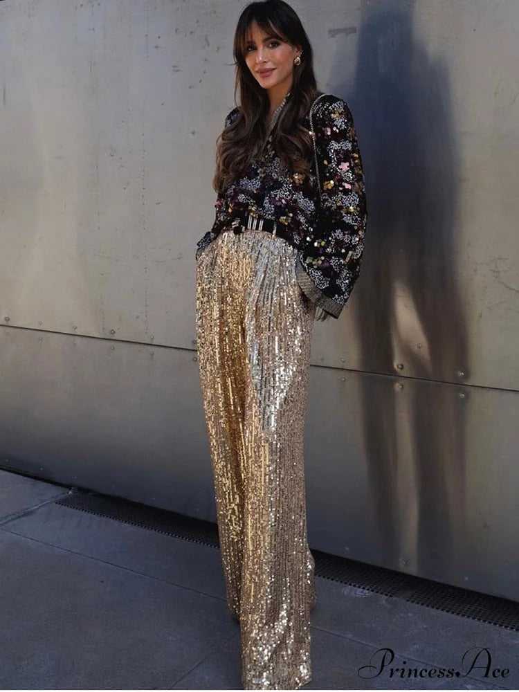 Wide Leg Pants High Waist Sequins Long Pants