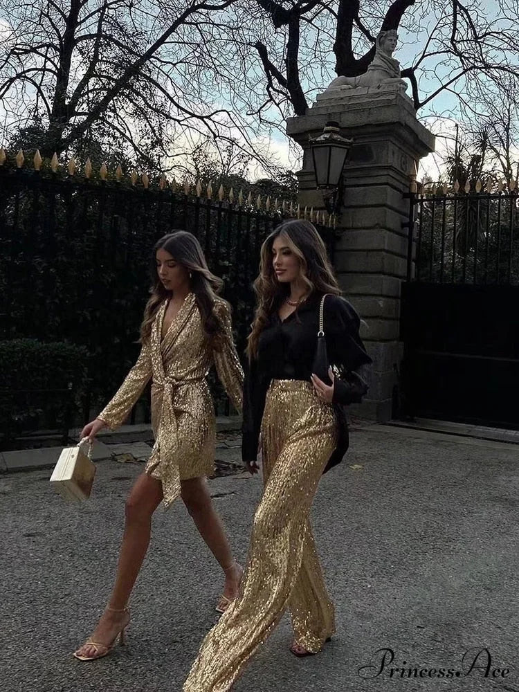 Wide Leg Pants High Waist Sequins Long Pants