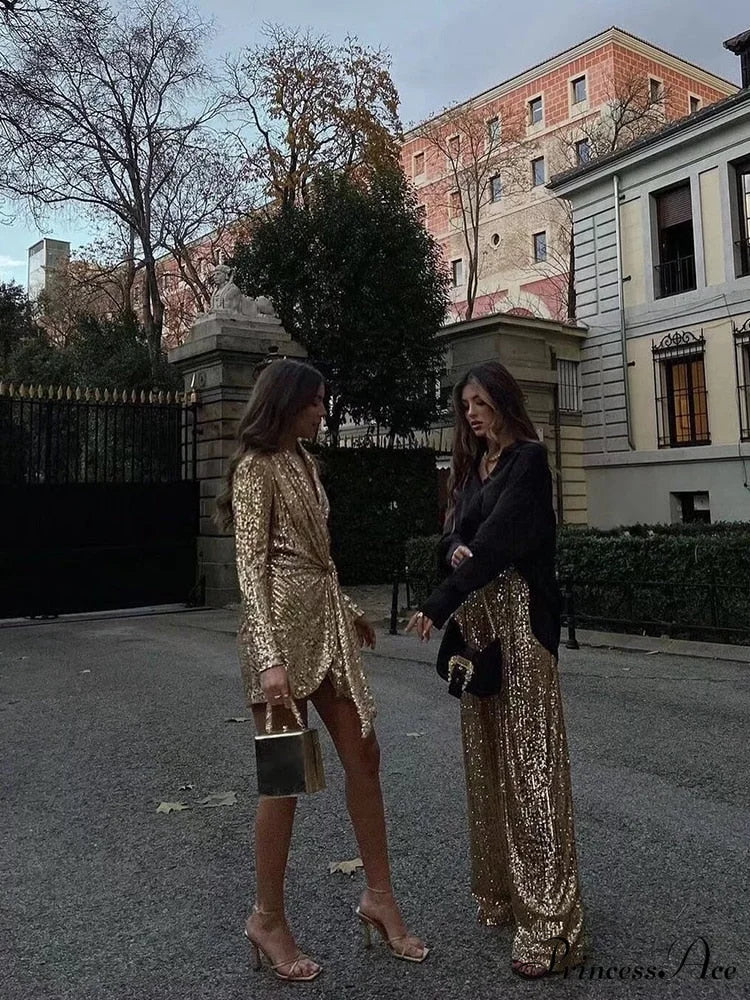 Wide Leg Pants High Waist Sequins Long Pants