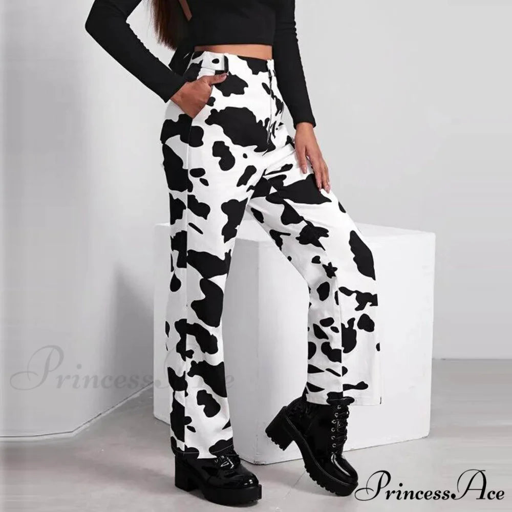 Wide Leg Waist White Cow Print Jeans White / XS