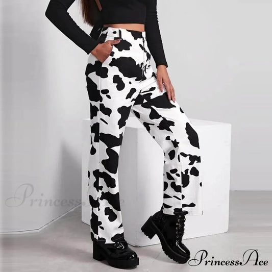 Wide Leg Waist White Cow Print Jeans White / XS