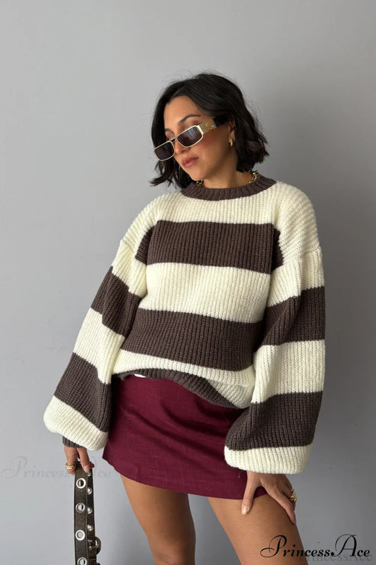 Wide Stripe Colorblock Oversized Crew Neck Pullover Sweater