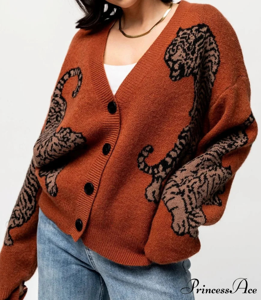 Wildcat Pattern Button-Up Knit Cardigan cardigans-241228