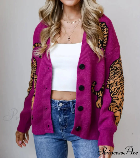 Wildcat Pattern Button-Up Knit Cardigan cardigans-241228
