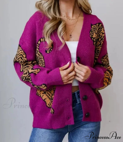 Wildcat Pattern Button-Up Knit Cardigan Orange / S cardigans-241228