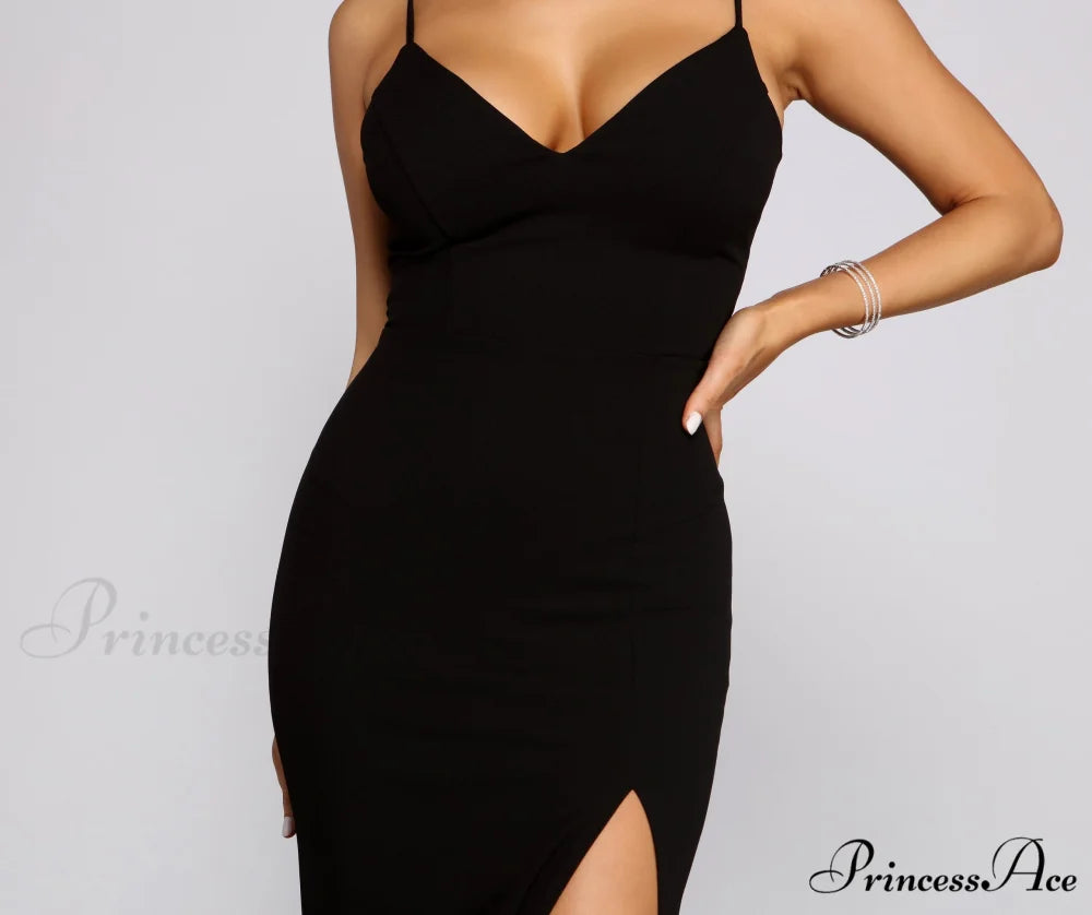 Willow Formal High Slit Graceful Crepe and Lace Dress