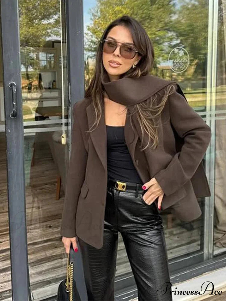 Wine Red Lapel Scarf Coat coffe / S