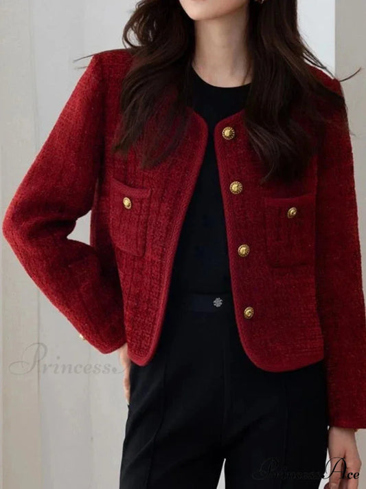 Wine Red Metal Buckle Slim Tweed Cardigan Red / S