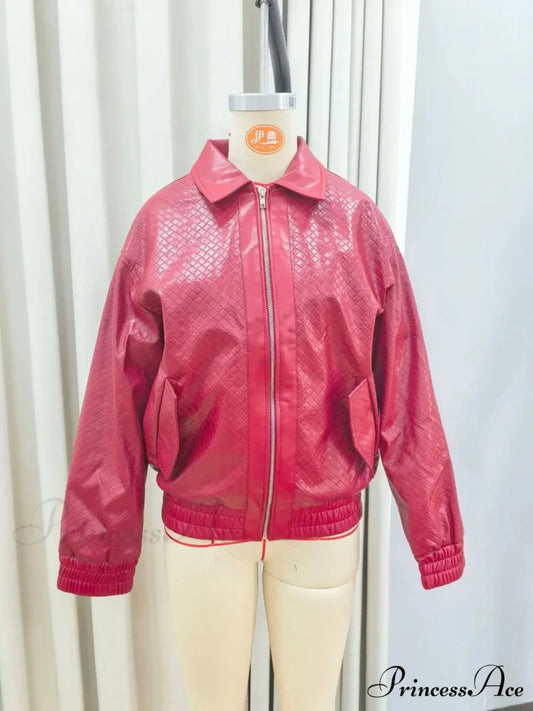 Wine Red PU Leather Zipper Coat pink / S