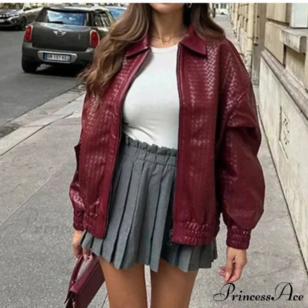 Wine Red PU Leather Zipper Coat wine red / S