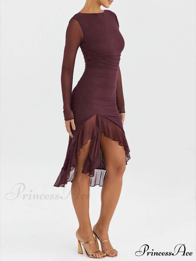 Wine Ruffle Stylish Midi Dress