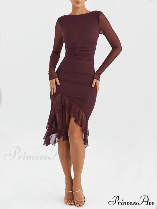 Wine Ruffle Stylish Midi Dress Wine / S