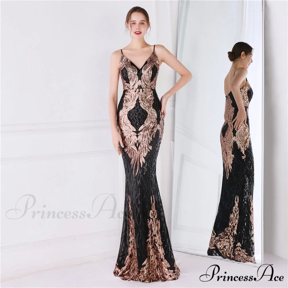 Wings Pattern Sequin Charming Mesh Strappy Gown BLACK GOLD / XS