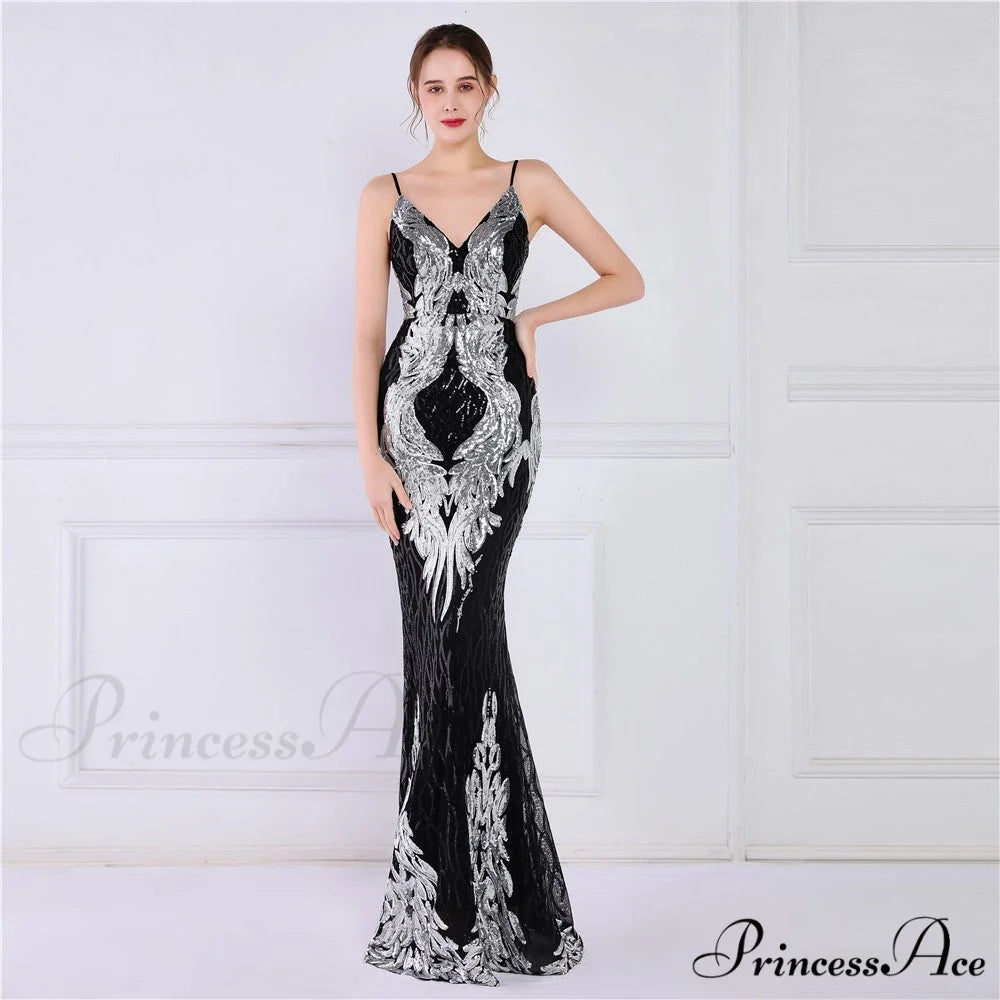 Wings Pattern Sequin Charming Mesh Strappy Gown BLACK SILVER / XS