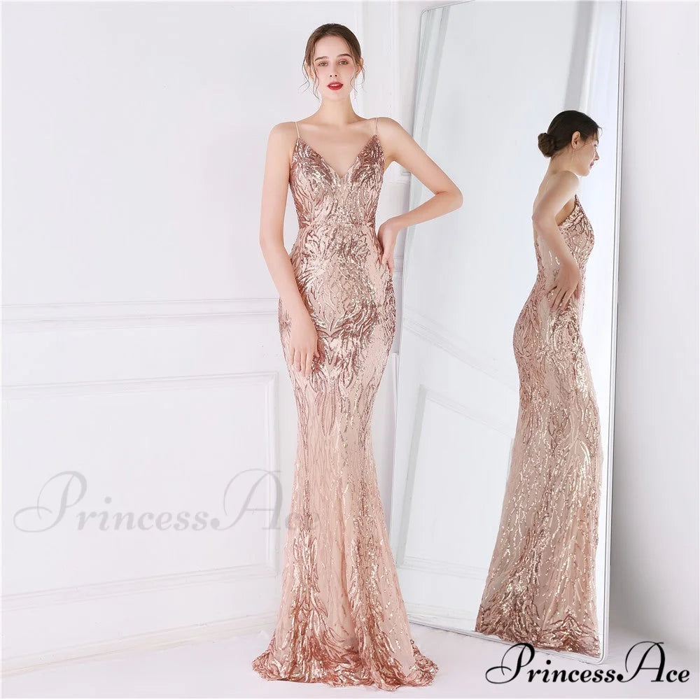 Wings Pattern Sequin Charming Mesh Strappy Gown GOLD / XS