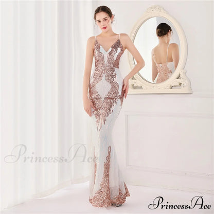 Wings Pattern Sequin Charming Mesh Strappy Gown PLATINUM / XS