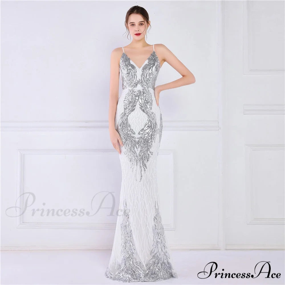 Wings Pattern Sequin Charming Mesh Strappy Gown SILVER / XS