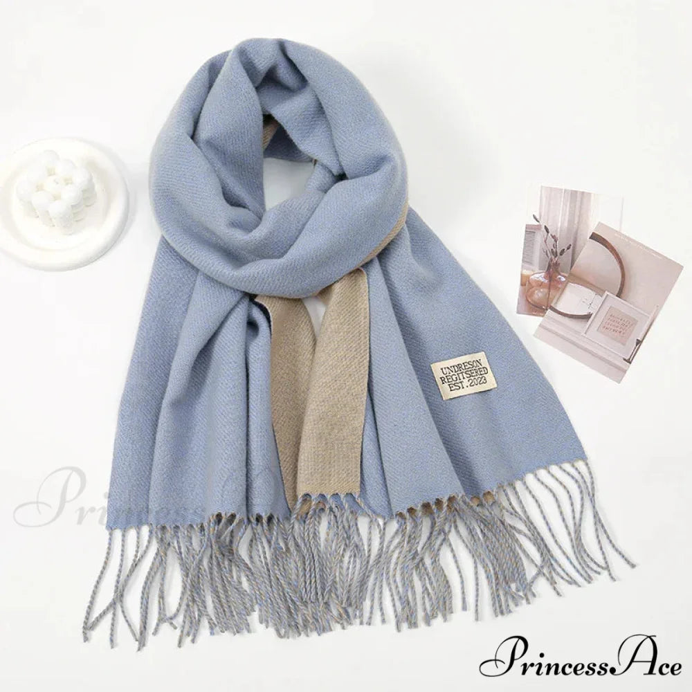 Winter Cashmere Long Warm Hijab Wrap Solid Pashmina Scarf Female GREY BLUE