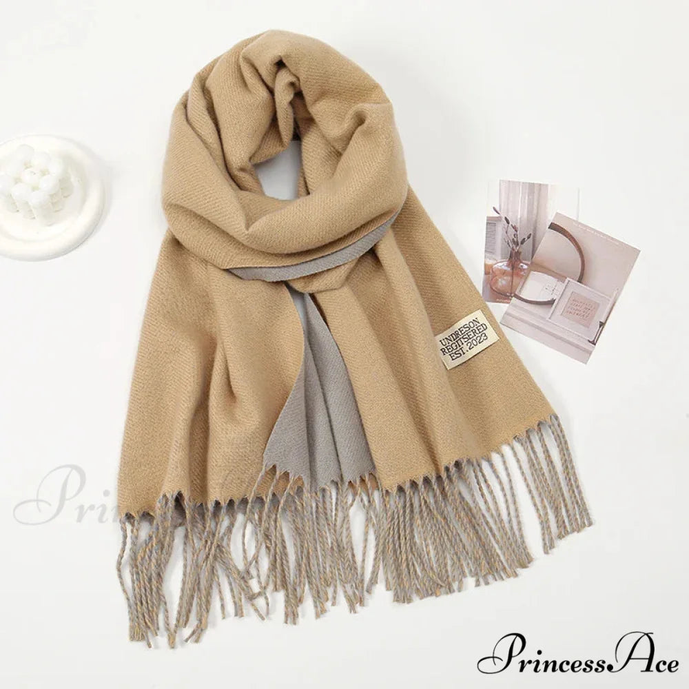 Winter Cashmere Long Warm Hijab Wrap Solid Pashmina Scarf Female KHAKI