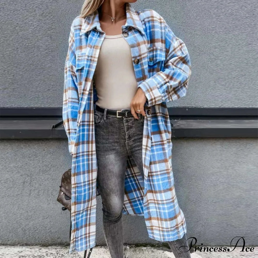 Winter Casual Turn-down Collar Wool Coat Long Sleeve Loose Outwear Blue / S