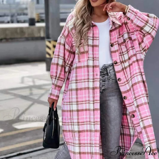 Winter Casual Turn-down Collar Wool Coat Long Sleeve Loose Outwear Pink / S