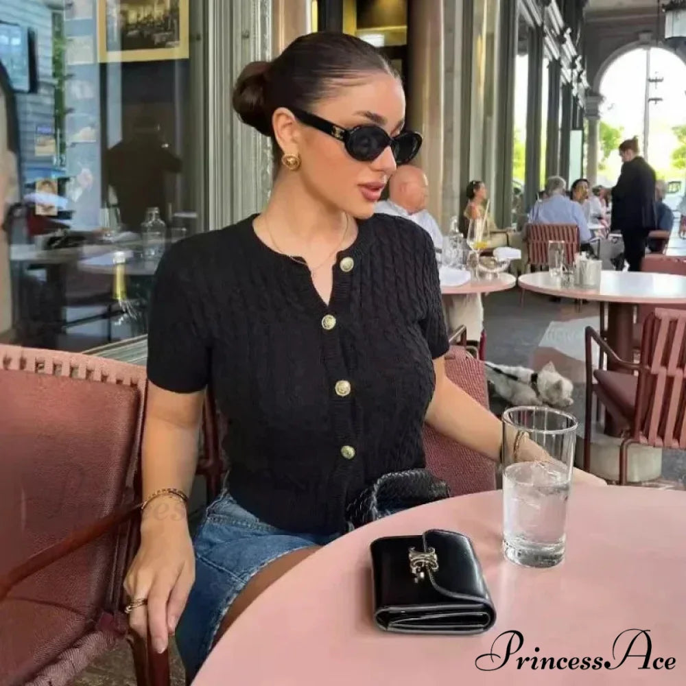 Winter Knit Ribbed Short Sleeve Cardigan Black / S