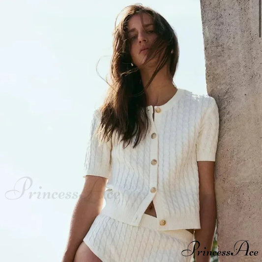 Winter Knit Ribbed Short Sleeve Cardigan White / S