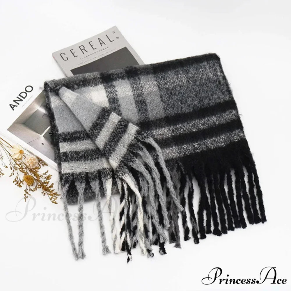 Winter Plaid Cashmere Poncho Tassel Scarf - Luxury Warm Thickened Unisex GREY 1