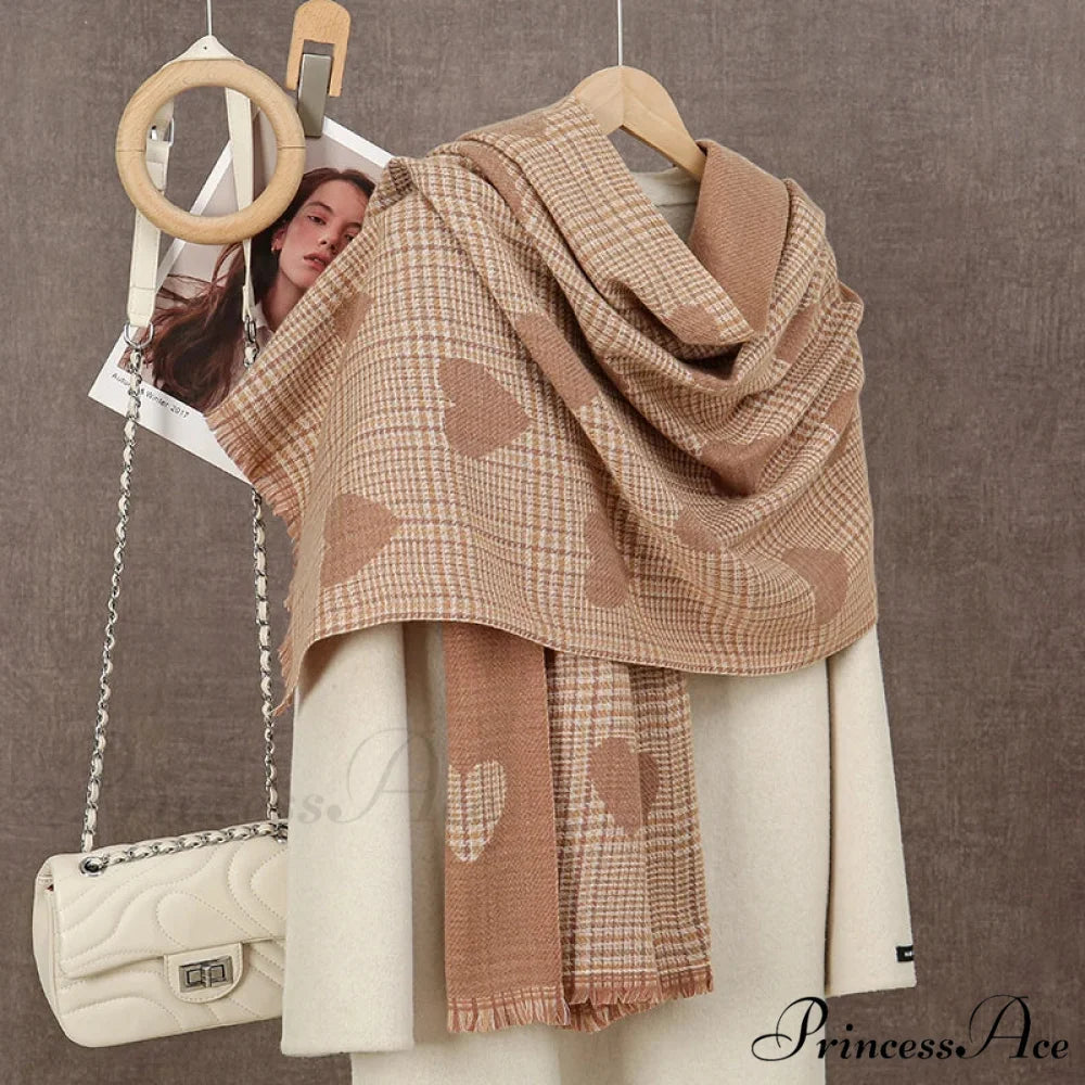 Winter Plaid Cashmere Poncho Tassel Scarf - Luxury Warm Thickened Unisex GREY ORANGE HEART