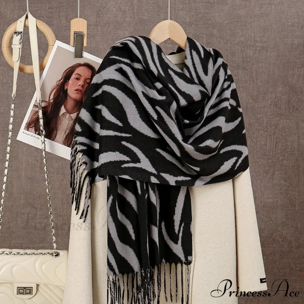 Winter Plaid Cashmere Poncho Tassel Scarf - Luxury Warm Thickened Unisex GREY Zebra-stripe