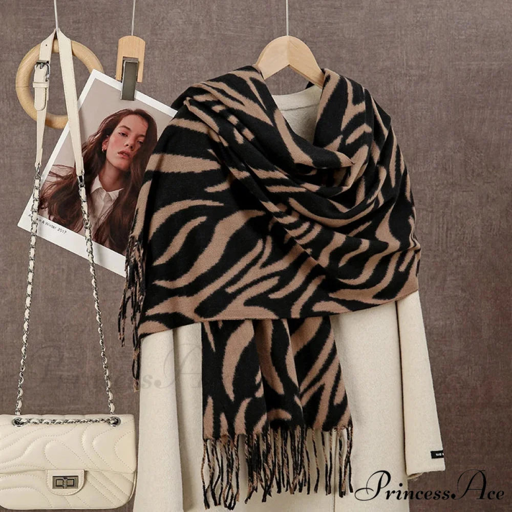 Winter Plaid Cashmere Poncho Tassel Scarf - Luxury Warm Thickened Unisex KHAKI Zebra-stripe