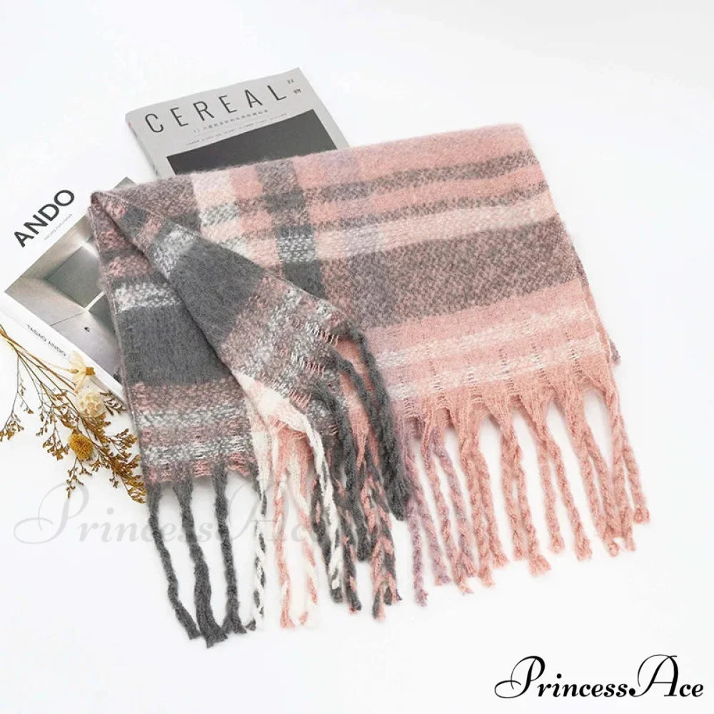 Winter Plaid Cashmere Poncho Tassel Scarf - Luxury Warm Thickened Unisex PINK