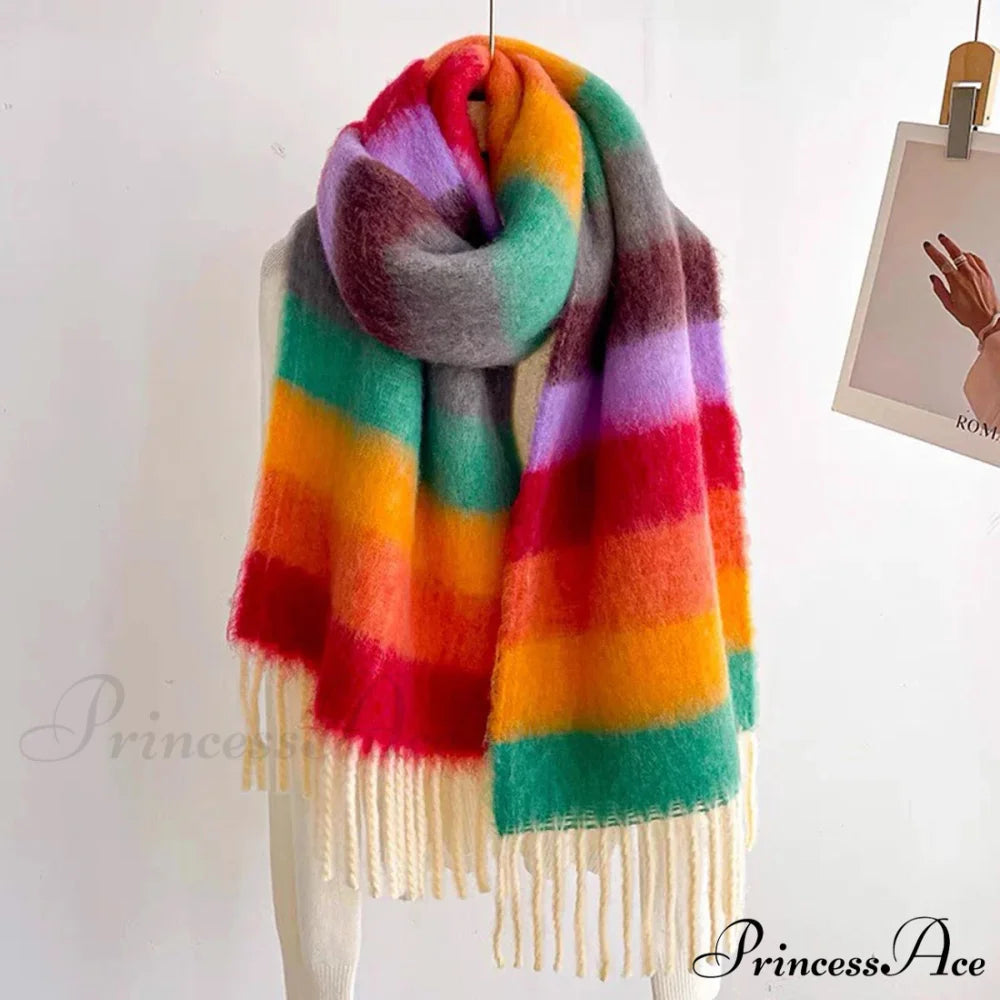 Winter Plaid Cashmere Poncho Tassel Scarf - Luxury Warm Thickened Unisex RAINBOW