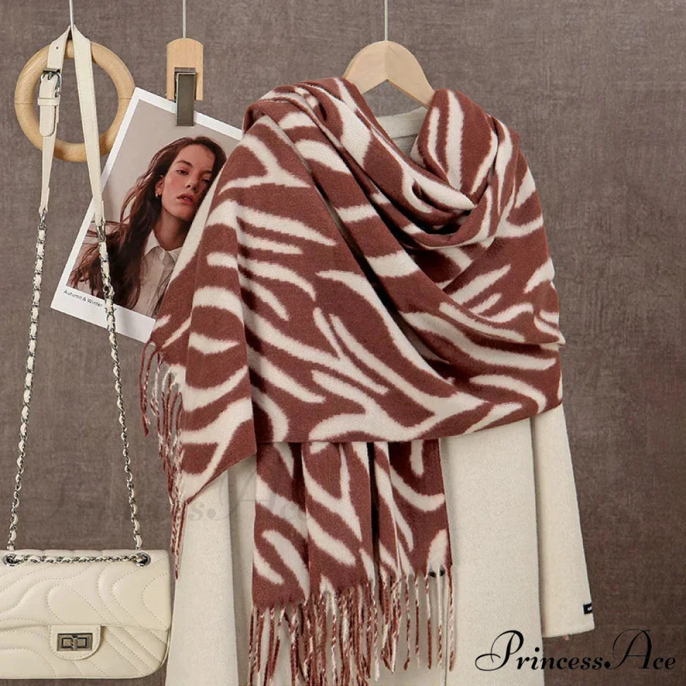 Winter Plaid Cashmere Poncho Tassel Scarf - Luxury Warm Thickened Unisex RED Zebra-stripe