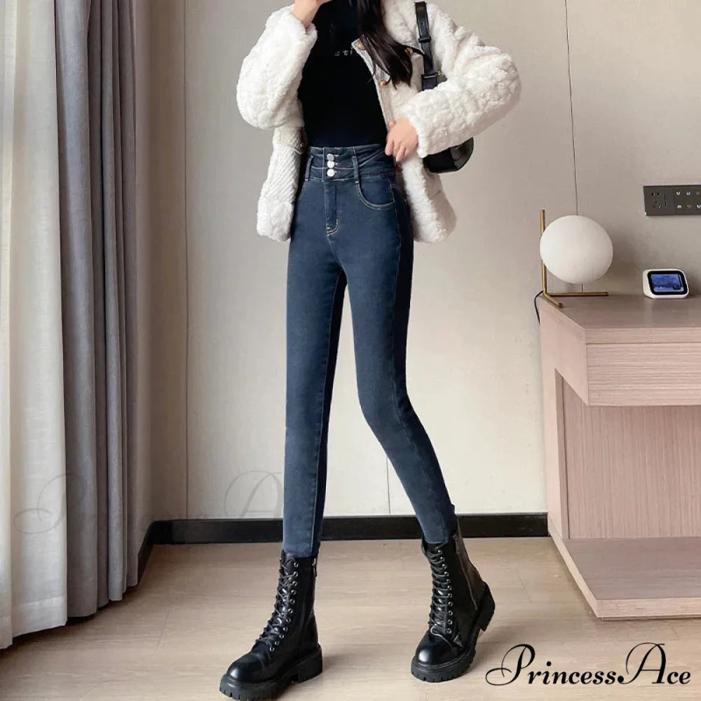 Winter Plus Velvet Skinny Women Stretch Denim Trousers Retro Patchwork Autumn Warm Thick Pencil Pants Jean