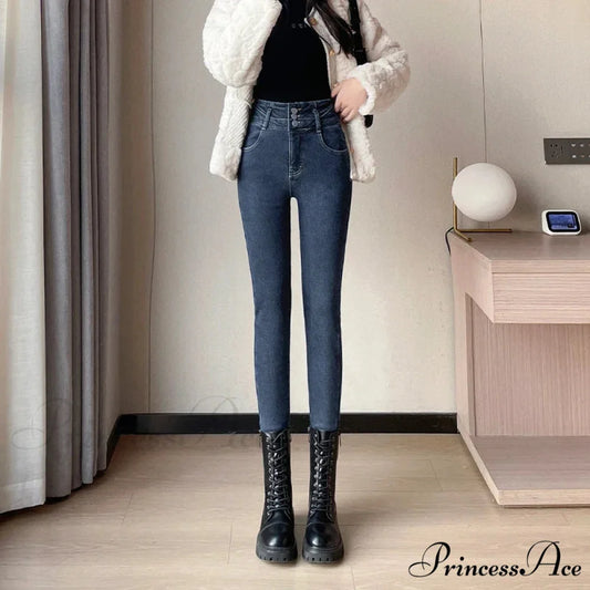 Winter Plus Velvet Skinny Women Stretch Denim Trousers Retro Patchwork Autumn Warm Thick Pencil Pants Jean Blue Grey