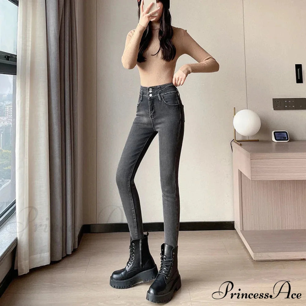 Winter Plus Velvet Skinny Women Stretch Denim Trousers Retro Patchwork Autumn Warm Thick Pencil Pants Jean GREY / 25