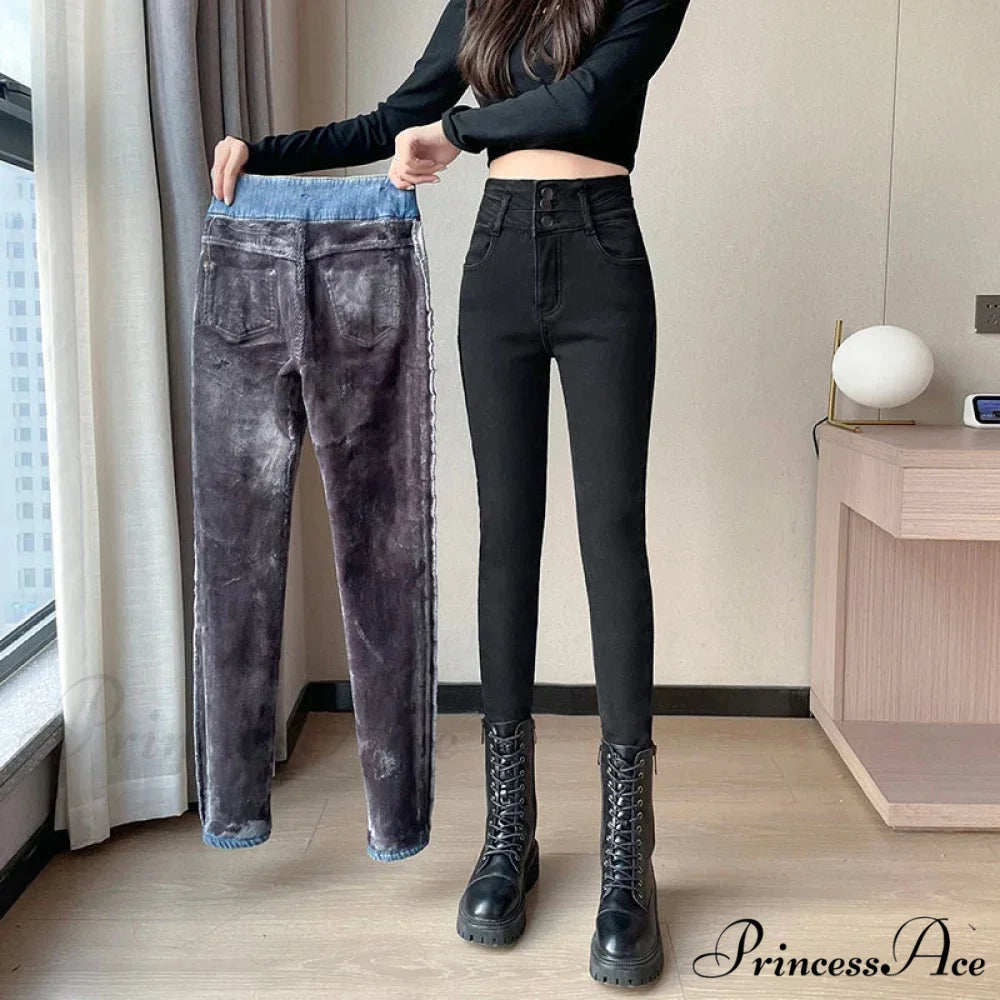 Winter Plus Velvet Warm Women Thickened High Waist Casual Slim Stretch Denim Trousers Skinny Pencil Pants Jean BLACK