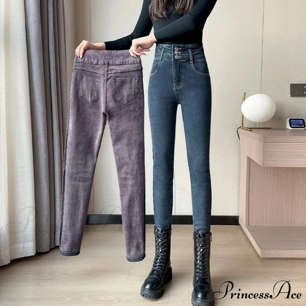 Winter Plus Velvet Warm Women Thickened High Waist Casual Slim Stretch Denim Trousers Skinny Pencil Pants Jean Blue