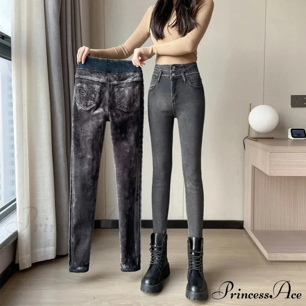 Winter Plus Velvet Warm Women Thickened High Waist Casual Slim Stretch Denim Trousers Skinny Pencil Pants Jean GREY / 25